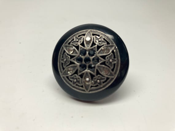 Filigree Button Ring: Chunky Black Costume Ring, … - image 1