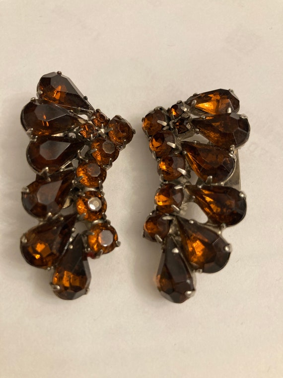 Creep up Ear Earrings, amber Rhinestones, Clip on… - image 1