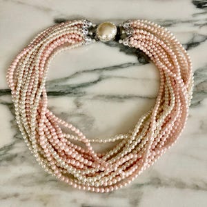 Multi strand pearls, Pearl Choker, White and Pink, Faux Pearls, 15 Strand choker, Pearl Clasp, 1960s Vintage pearls, Silver Filigree Finding