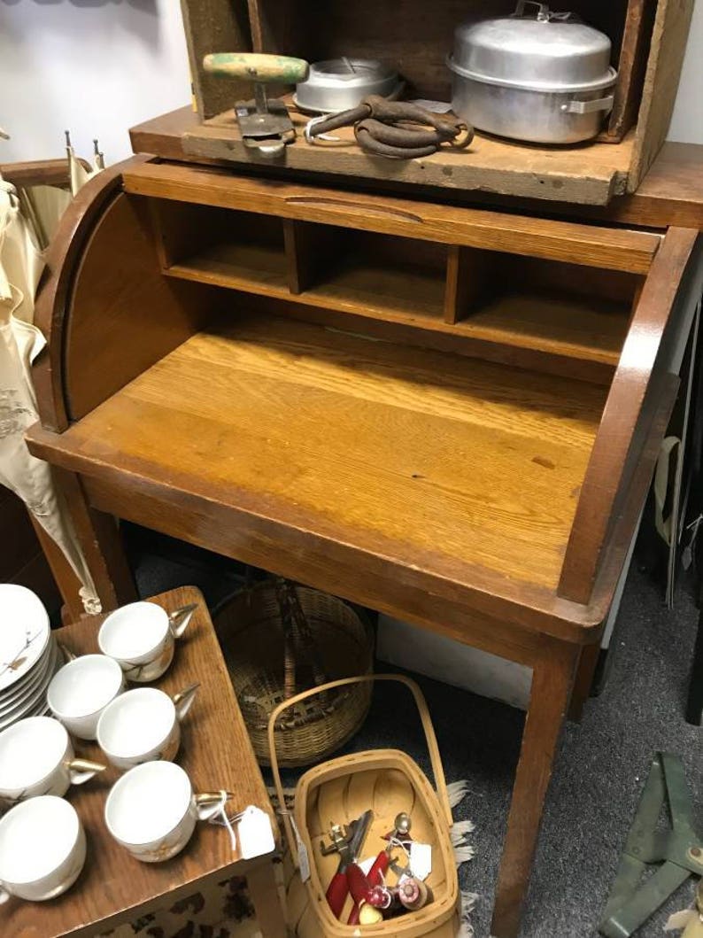 Vintage Small Wooden Child S Desk And Chair Childs Oak Roll Top