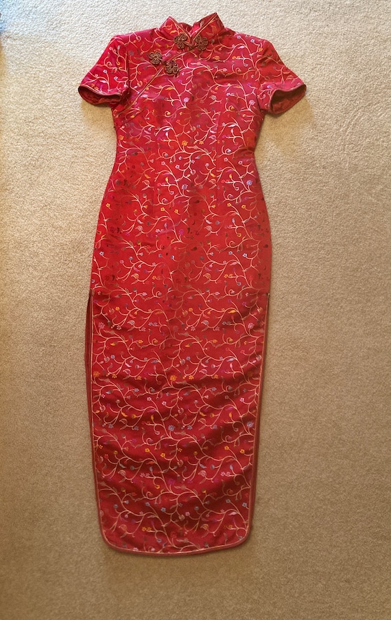 Vintage Chinese dress, Cheongsam, red Silk Dress, 