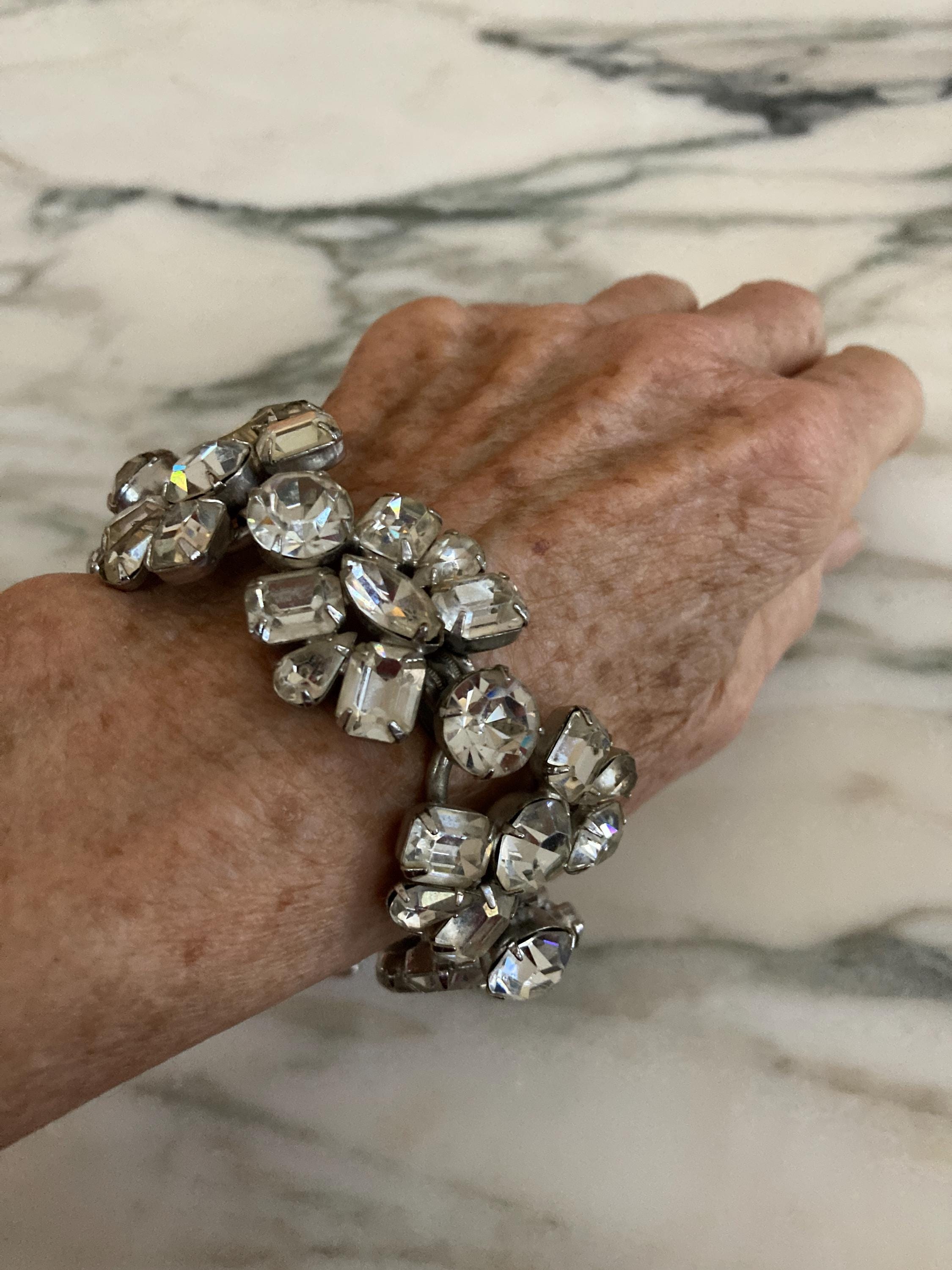 Bracelet Ancien En Argent Massif Avec Strass - Chaîne Vintage - Occasion