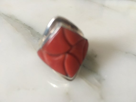 Carved Coral Ring, sterling Coral ring, mid centu… - image 6