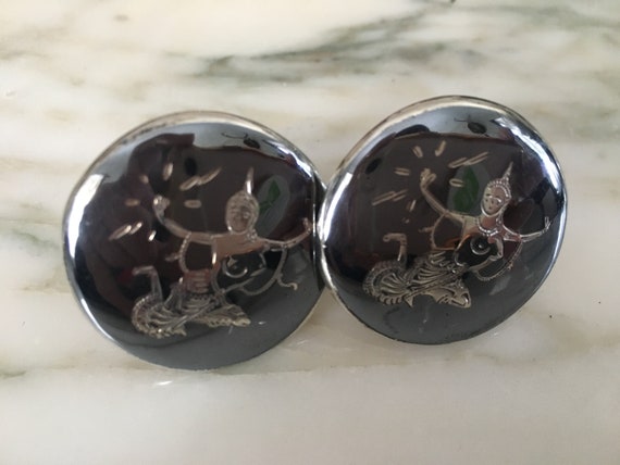 Siam Cufflinks, Sterling Siam, 1940's Niello, ste… - image 1