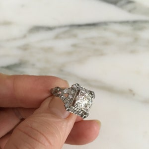 Art Deco Diamond Ring Antique Engagement, Platinum Setting, Transitional Cut, 1.5 Carrot European Color H VS 1 size 7, Platinum Setting