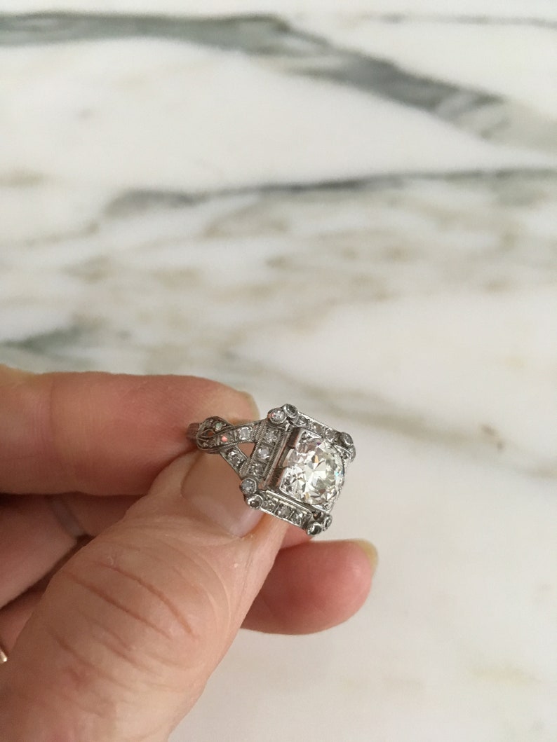 Art Deco Diamond Ring Antique Engagement, Platinum Setting, Transitional Cut, 1.5 Carrot European Color H VS 1 size 7, Platinum Setting
