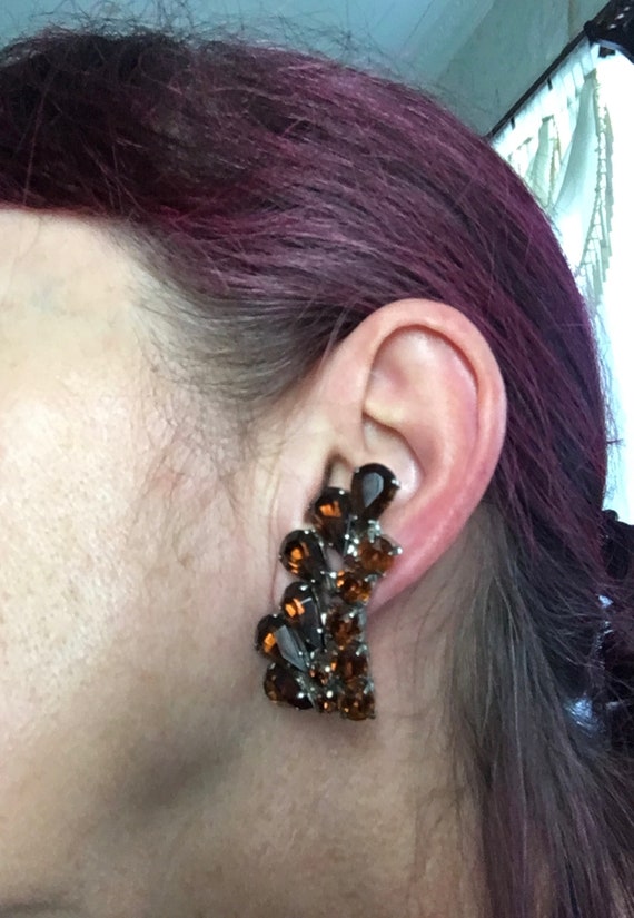 Creep up Ear Earrings, amber Rhinestones, Clip on… - image 4