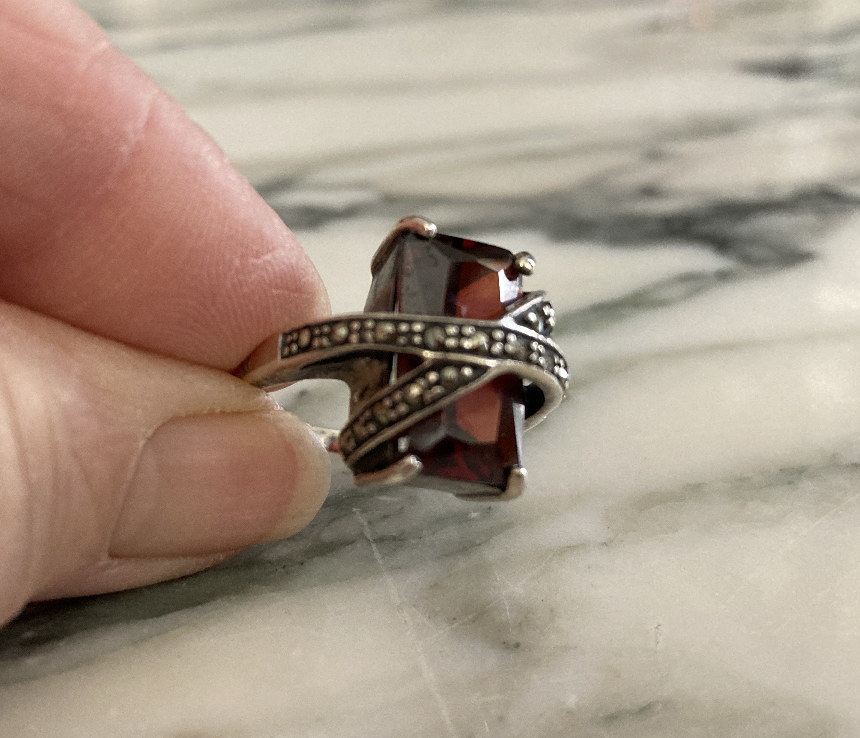 Garnet Ring, Marcasite ring, sterling ring, Deco Marcasite, Emerald cut, Statement ring, Large Rectangle stone, size 8 1/2