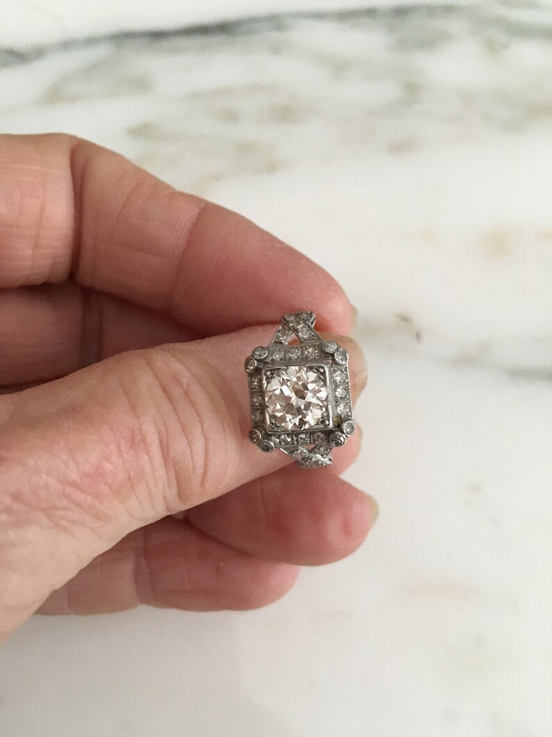 Art Deco Diamond Ring Antique Engagement, Platinum Setting, Transitional Cut, 1.5 Carrot European Color H VS 1 size 7, Platinum Setting