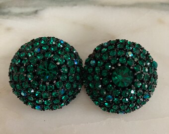 Vintage Clip ons, Emerald Earrings, green Rhinestone, Black filigree back, button style earring. Large green earrings, Green clip ons