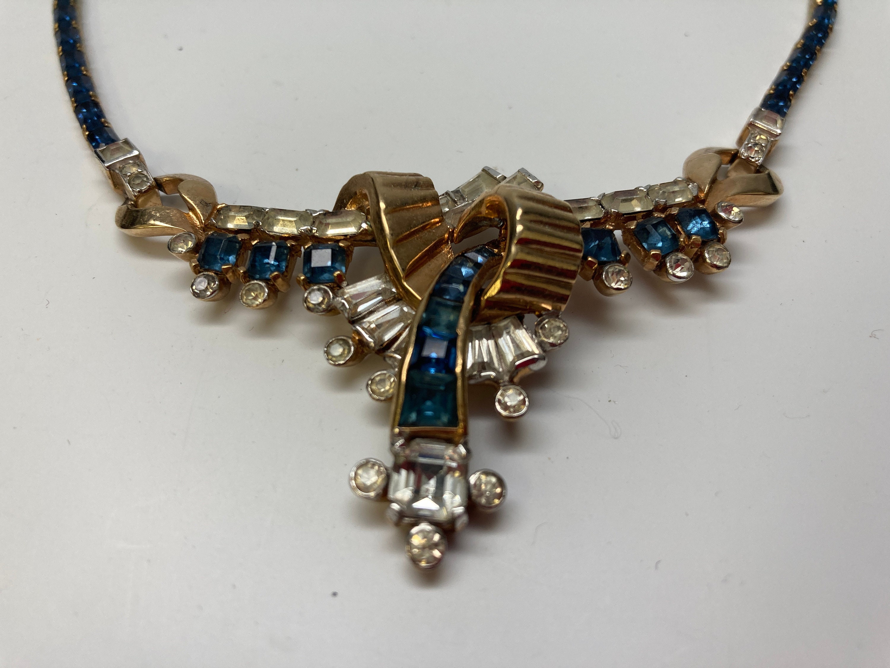 Mazer Bros Necklace, Sapphire Blue Choker, Art Deco Design