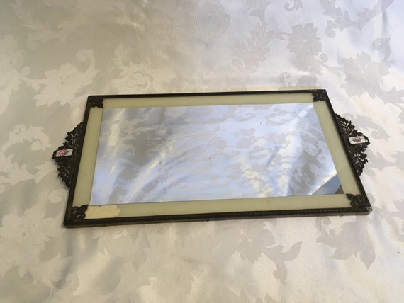 Art Deco Decorative Mirror Tray Filigree Enameled Flower Perfume Dresser Vanity Powder Room