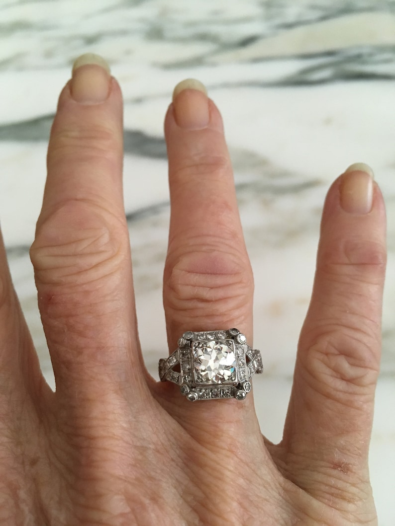 Art Deco Diamond Ring Antique Engagement, Platinum Setting, Transitional Cut, 1.5 Carrot European Color H VS 1 size 7, Platinum Setting