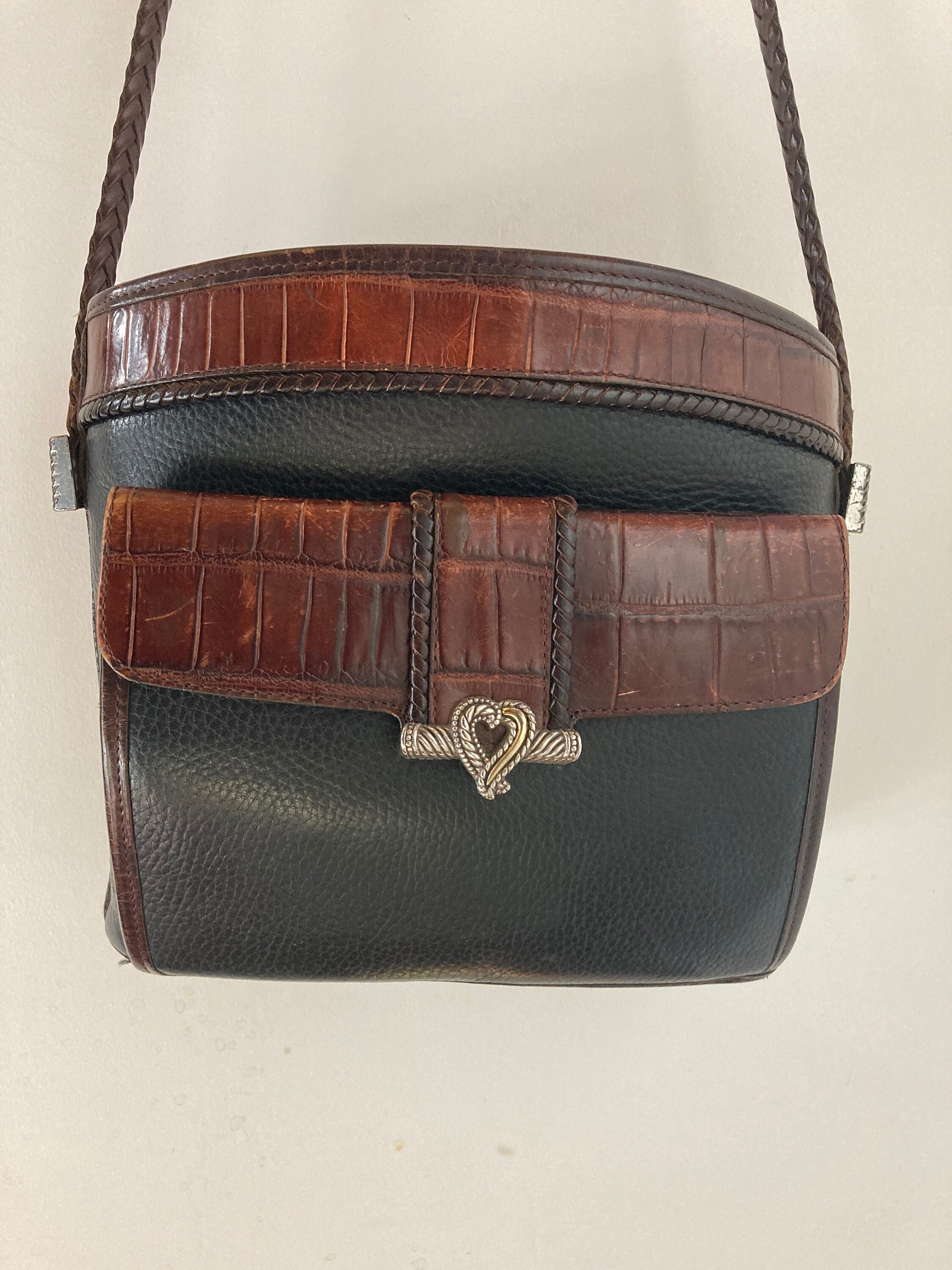 Vintage Brighton Purse Black Pebbled Leather Brown Embossed Croc