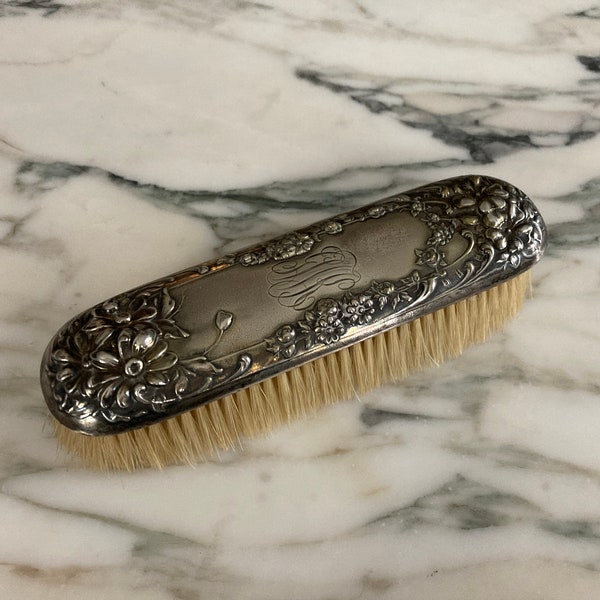 Clothes brush, Sterling Valet Brush, Victorian, monogramed, Mens brush, Sterling Repoussé, Natural Bristle Brush,Antique clothes brush