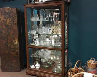 HOLDVintage Wood Display Case, Glass Side Opening, Beautiful Walnut wood, Glass Shelves, Mirrored back, Lighted Large Display LOCAL PICKUP