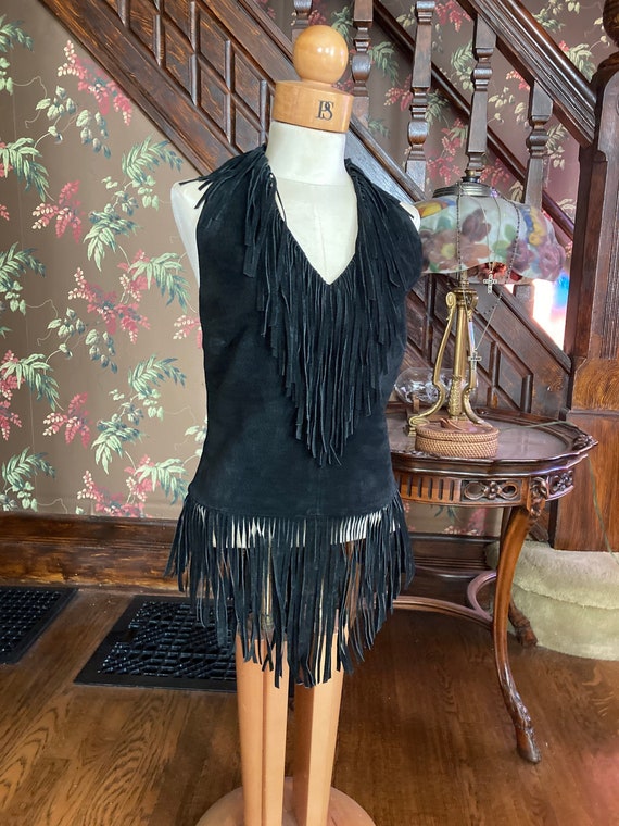 Black Suede Halter, Fringe suede top, Split Pig S… - image 1