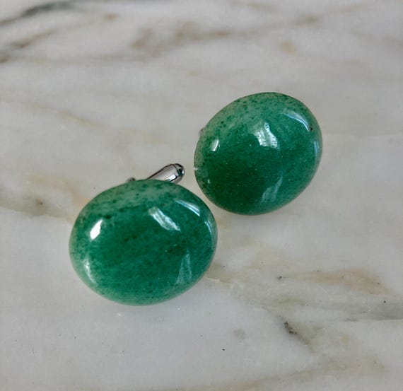 Jade Cufflinks, Silvertone, Button cufflink, Larg… - image 3