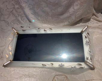 Vintage Gold Painted Glass Mirror Vanity Tray: Art Deco Decor, Perfume tray