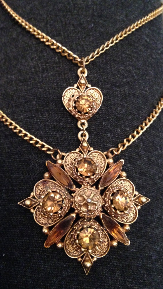 Florenza Necklace, Goldtone Heart, Filigree Medall