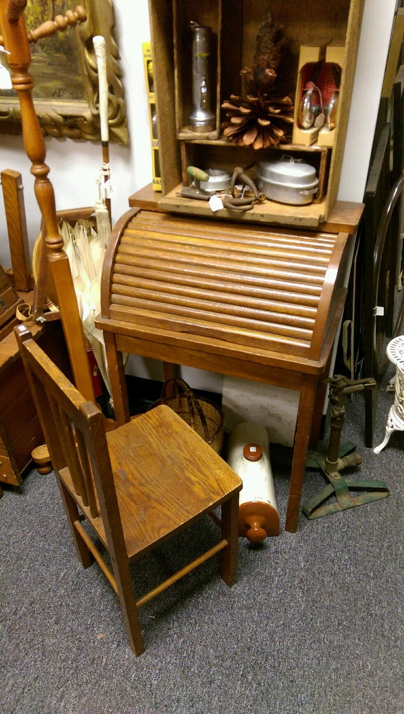 Childs Oak Roll Top Desk Vintage Small Wooden Child S And Chair Local Pickup Only