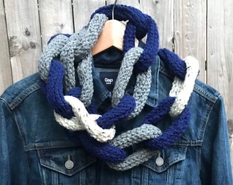 Navy Blue, Grey and Oatmeal Crocheted Chain Link Infinity Scarf-Handmade Chunky Statement Chainlink Necklace Eternity Scarf - READY TO SHIP