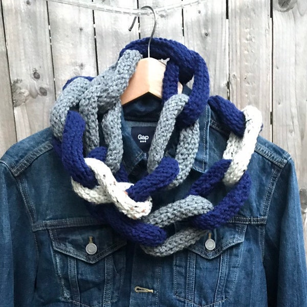 Navy Blue, Grey and Oatmeal Crocheted Chain Link Infinity Scarf-Handmade Chunky Statement Chainlink Necklace Eternity Scarf - READY TO SHIP