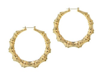 14k Gold Bamboo Hoops, 1 inch - 1.5 inch - 2.25 inch, Gold Bamboo Earrings, Gift for Her, 90s Fashion, Streetwear Accessories