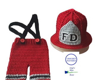 May include: Red and grey crocheted firefighter hat with the letters "FD" on the front. Red crocheted trousers with black braces and grey and black stripes at the bottom.
