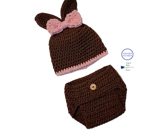 CROCHET PATTERN/Newborn Bunny Beanie with Bow and Diaper Cover Pattern/PDF Pattern