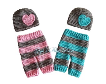 Crochet Baby Hat with Heart and Pants Set/Newborn Photo Prop/Baby Shower Gift/Made to Order