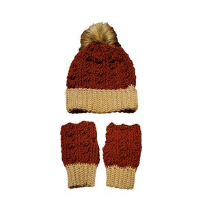 Lovely Winter Hat with Faux Fur Pompom and Fingerless Gloves Set/Ready to Ship