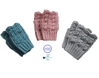 May include: Three pairs of crocheted fingerless gloves in different colors: teal, pink, and gray. The gloves are made with a textured stitch pattern. The image includes the text "Crochet Pattern Gigi's Blue Rose".