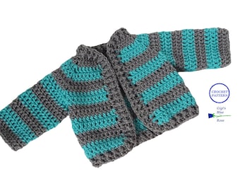 Könnte beinhalten: Ein gehäkelter Cardigan mit Streifen in Türkis und Grau. Der offene Pullover hat lange Ärmel und ist aus dickem Garn gefertigt. Das Bild enthält auch den Text "CROCHET PATTERN" und "Gigi's Blue Rose".