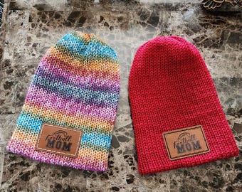 Double Knitted Beanie with Football Mom Leatherette/Skull Cap/Ready to Ship