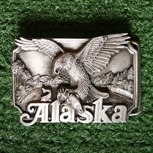 Vintage IHS The Alaska Collection Belt Buck w/Mountain Range, Bald Eagle & Fish