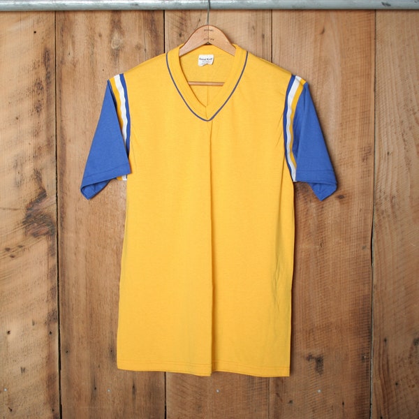 Sz. L (Fits M) | Vintage SAND KNIT Yellow & Blue Blank Baseball Jersey Ringer T-Shirt - Made in USA