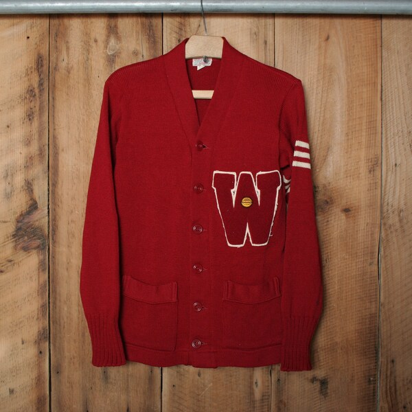 Sz. 38 (XS/S) | Vintage JOHN DUNLAP Sand Knit Sportswear Crimson Red Letterman Cardigan Sweater