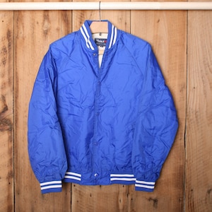 Men's Sz. M | Vintage TRAX Blue Satin Fully Lined Uninsulated Blank Varsity Jacket w/Blue & White Trim