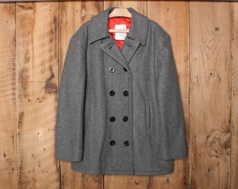 Sz. 44-46 | Vintage Gray Wool Blend Quilt Lined & Lined Insulated Double Breasted Peacoat