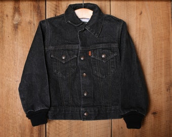 Kid's Sz. 5/6 / Vintage LITTLE LEVI'S Black Denim Orange Tab Trucker Jean Jacket w / Knit Cuffs - Made in USA