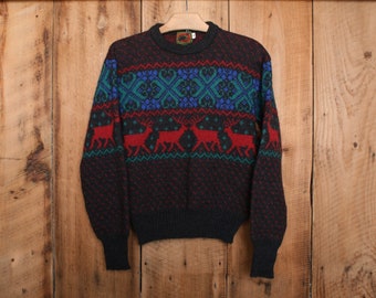 Sz. M (Fits S) | Vintage BOSTON TRADERS Multicolor Moose Motif 100% Wool Crewneck Sweater
