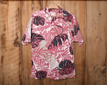 Herren Sz. L/XL | Vintage BISHOP ST. rot, schwarz & Beige Floral Motiv 100 % Baumwolle Kurzarm Knopf Front Pullover Hawaiian Shirt