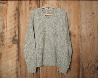 Sz. M (Fits M/L) | Vintage 90&#39;s FIELDMASTER Green & Beige Knit Cotton Blend V-Neck Sweater - Made in USA