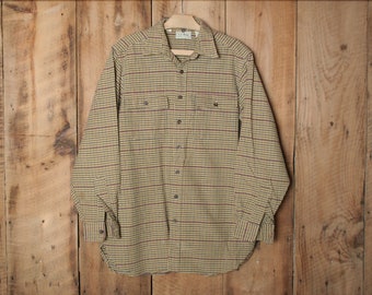 Sz. L Long | Vintage L.L. BEAN Cranberry Red, Blue & Green Check Plaid Slant Pocket Chamois Cloth Shirt