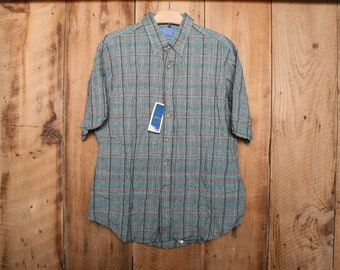 Sz. L/XL | Vintage PENDLETON Multicolor gewebt karierte Mittelgewicht Baumwolle & Leinen Mischung Kurzarm Knopf vorne Shirt - Made in USA