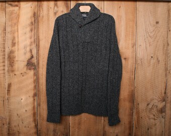 Sz. L/XL | Vintage RALPH LAUREN Charcoal Gray 100% Wool Shawl Collar Fisherman Sweater