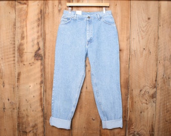 Damen Sz. 16 Lang | Vintage 90er Jahre WRANGLER Licht waschen blau Denim hohe Taille verjüngt Bein Jeans