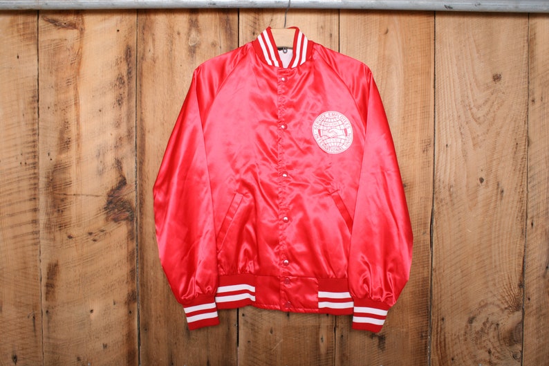 Vintage 80/'s Sportsmaster AFL-CIO Service Employees International Red Satin Jacket Men/'s Sz Made in USA S
