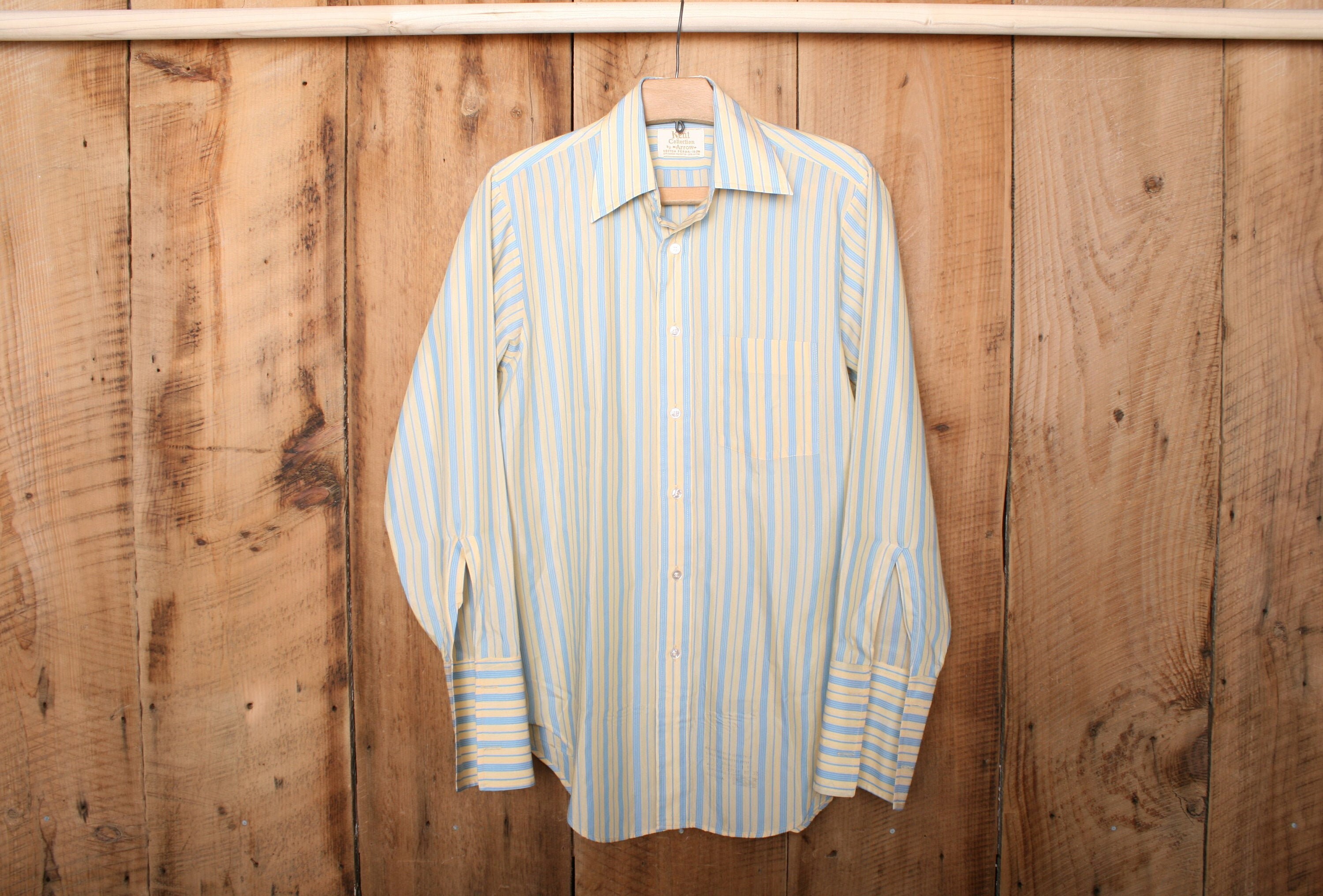 Herren Sz. M | Vintage Kent Kollektion von ARROW blau & gelb gestreift Sanforized Langarm Knopf Front Kleid Shirt - Union gemacht Stempel